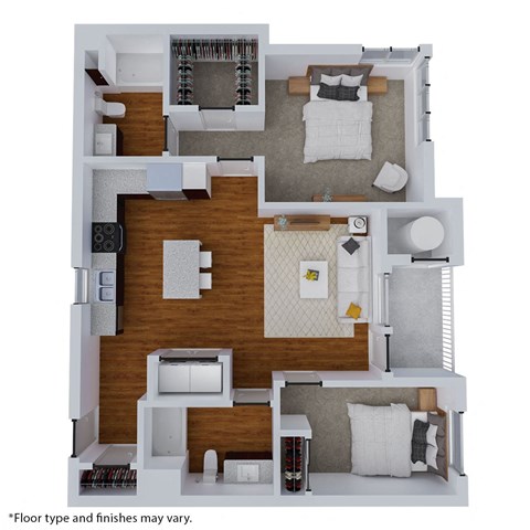 Floor plan for 2 beds, 2 baths, 977 sqft